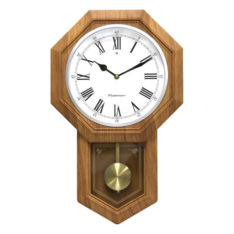 BESTIME 66236A Plastic Pendulum Clock Wood Grain Color.Sturdy Frame.Westminster Chime Every Hour,Elegant,Traditional Schoolhouse,Home,Office,Living Room,Bedroom. - Image 1